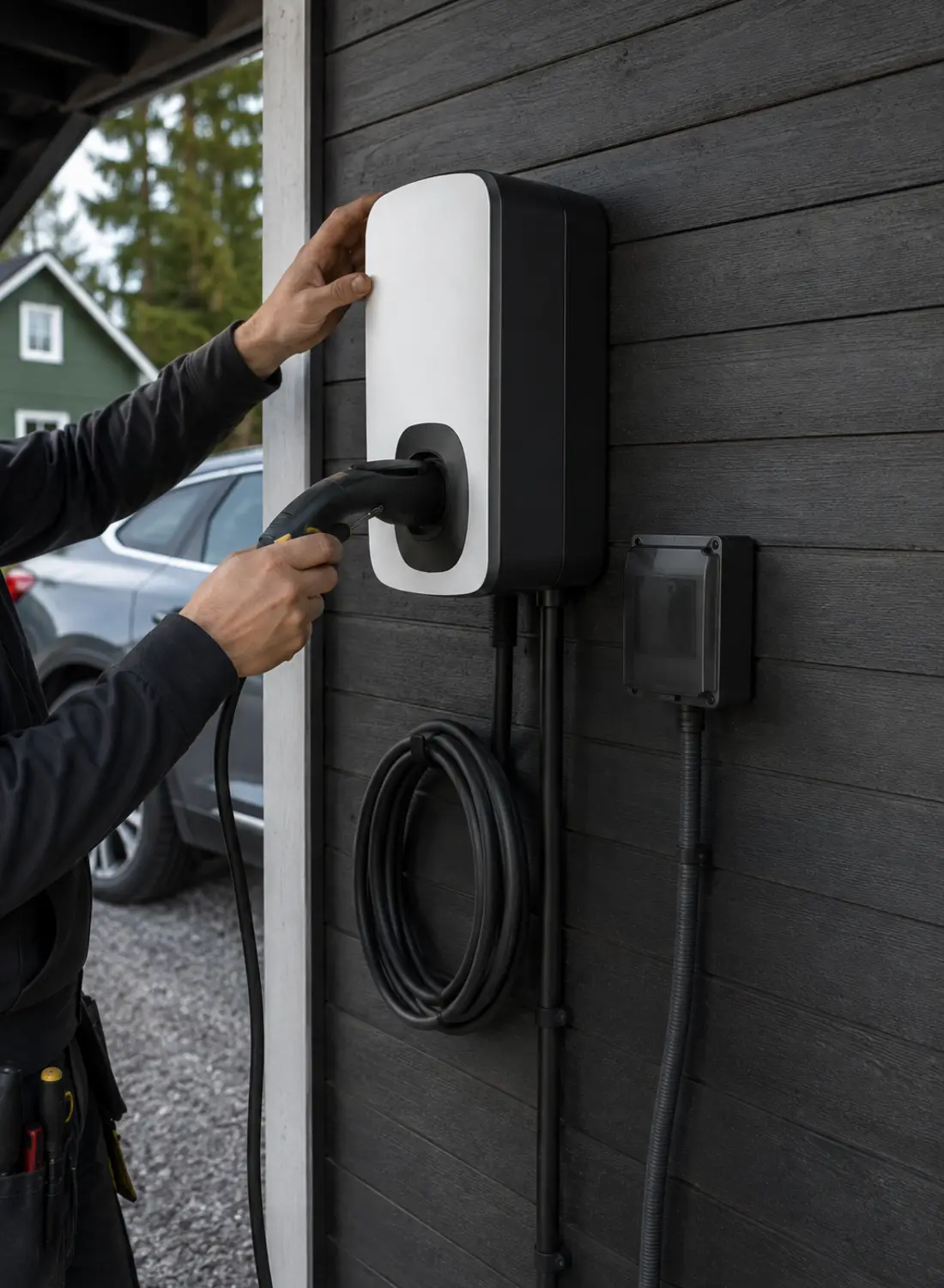 Elektriker installerar en laddbox på en husfasad